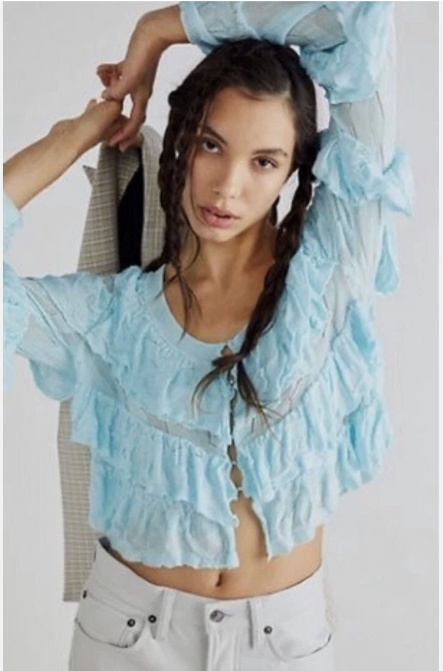 Free People ruffle cardiganr hinestone clasp closures ice blue fairy Size-Small